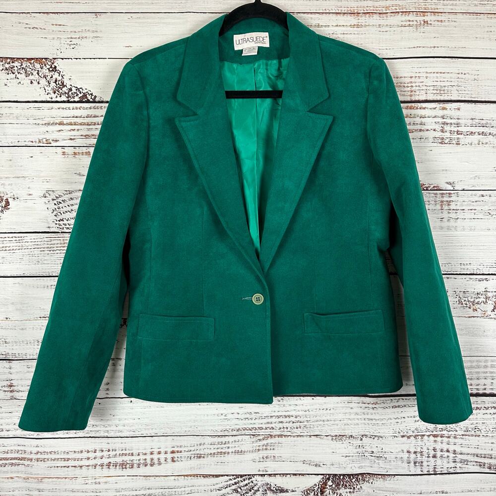 Womens VTG Ultra Suede 1 Button Blazer Jacket Business Casual Emerald Green 10
